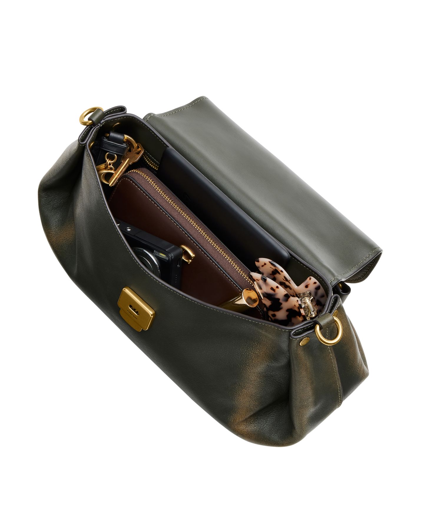 Женская сумка COACH Slouchy Rogue Medium Loved Leather Top Handle, цвет: Латунный / Тёмный зелёный — фото 6