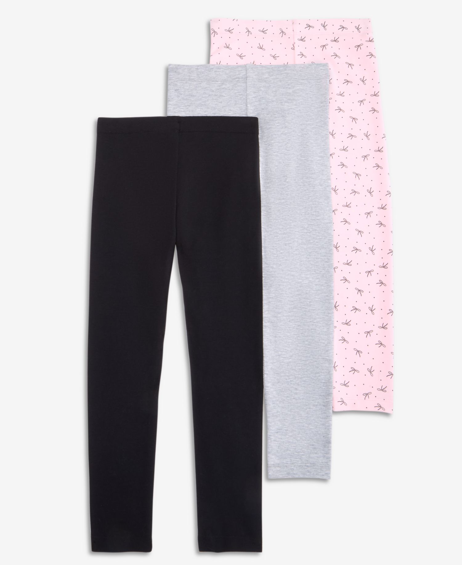 Girls' XS-XL Solid, Heathered and Bow-Print Leggings, 3-Pack