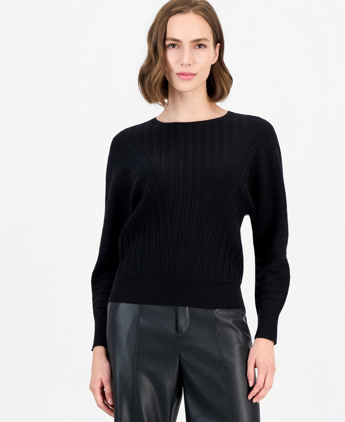 T Tahari Women's Dolman-Sleeve Angled-Rib Crewneck Pullover