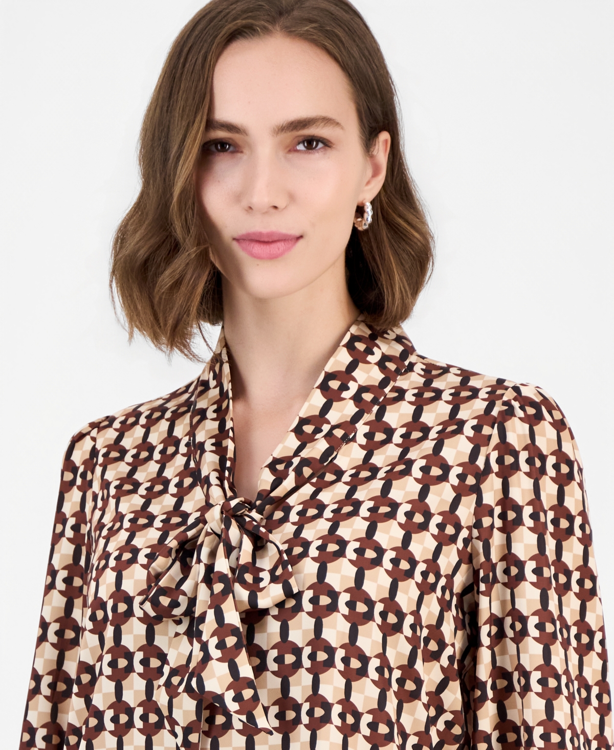 T Tahari Women's Long-Sleeve V-Neck Bow Tie Geometric-Print Blouse