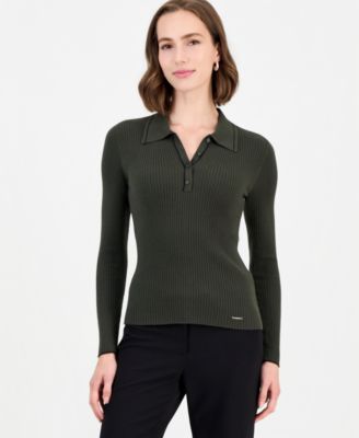 Women's Long-Sleeve Ribbed Polo Sweater