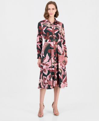 Women's Floral Long-Sleeve Fit-and-Flare Midi Dress