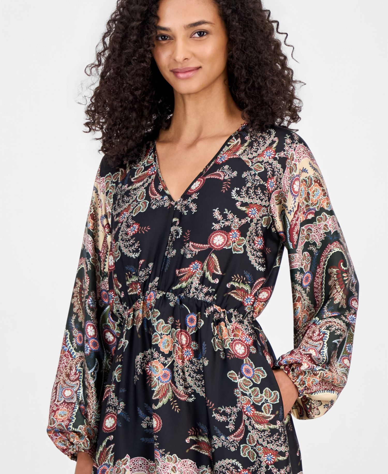 Women's Long-Sleeve Smocked-Waist Split-Neck Midi Dress