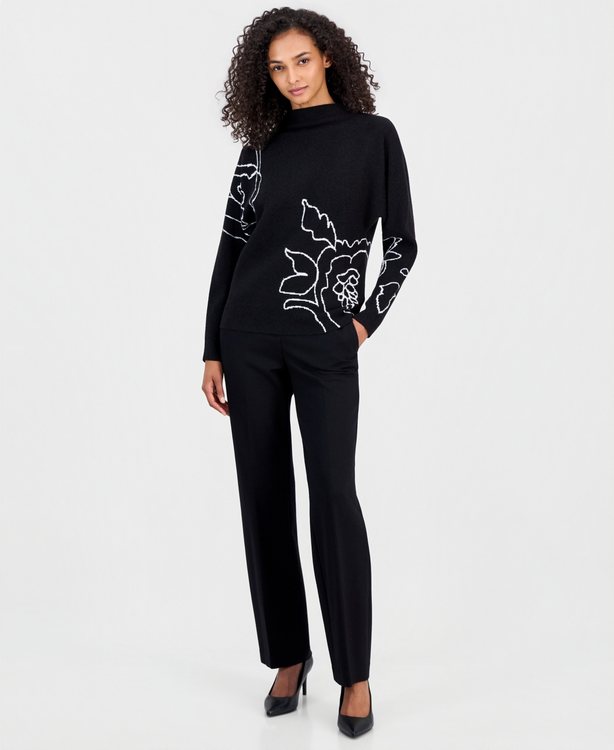 T Tahari Women's Floral-Print Dolman Funnel Neck Pullover