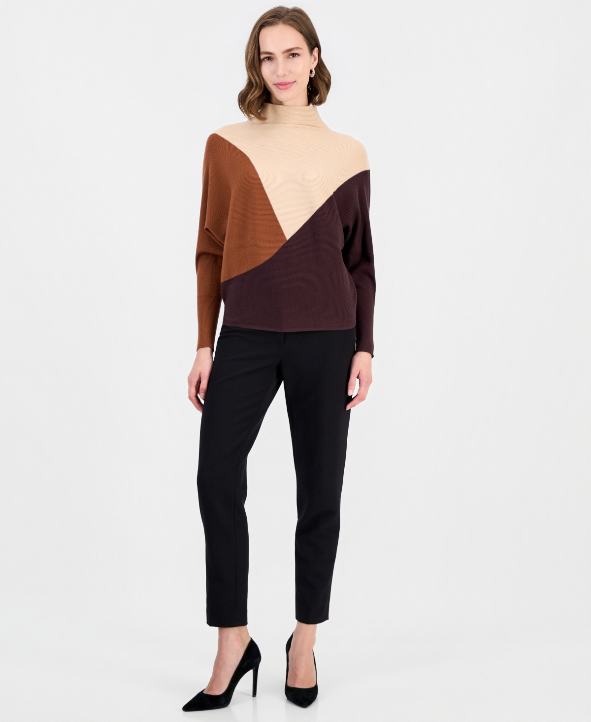 T Tahari Women's Colorblock Dolman-Sleeve Funnel-Neck Pullover