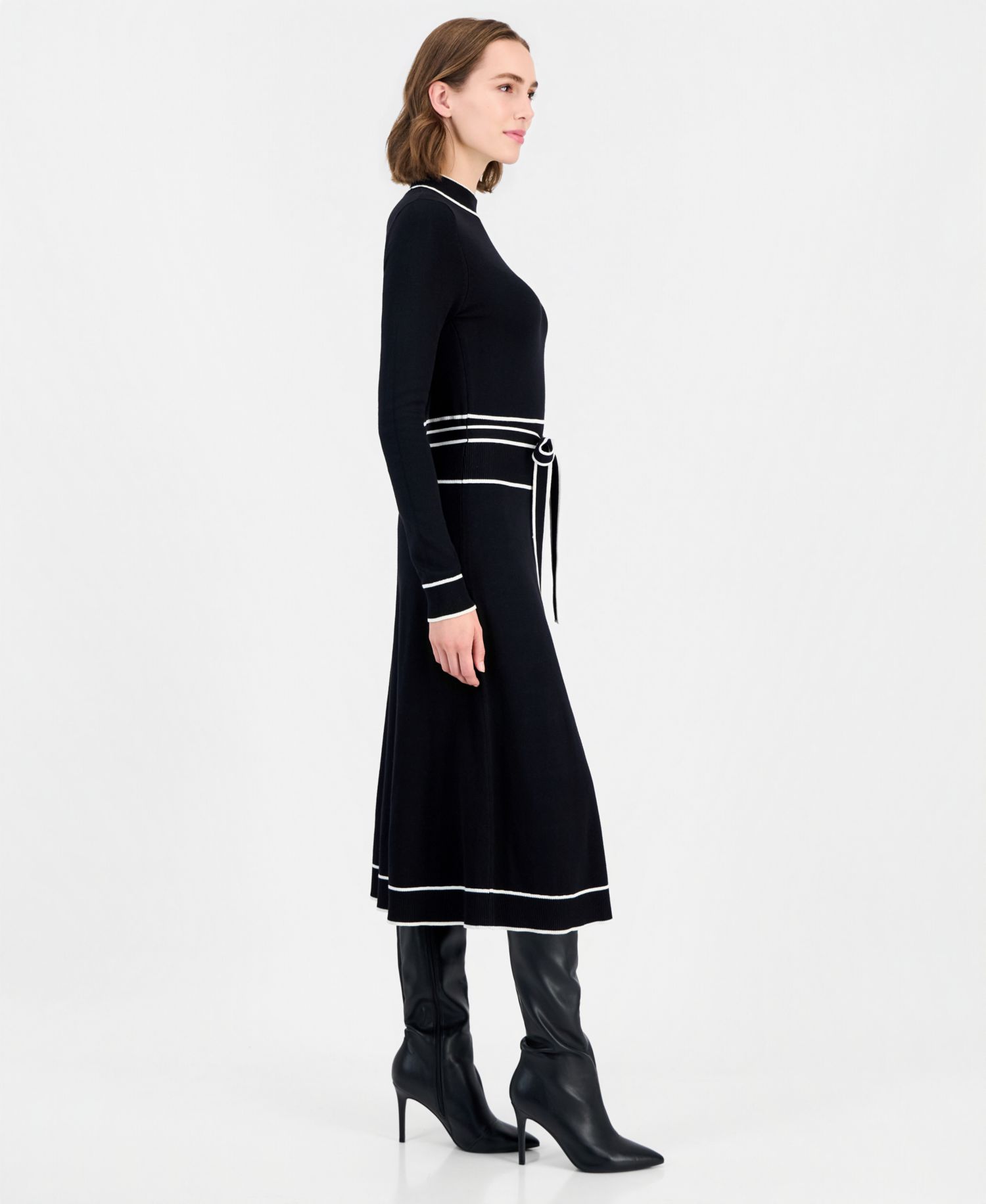 Women's Long Sleeve Mock Neck Belted Dress