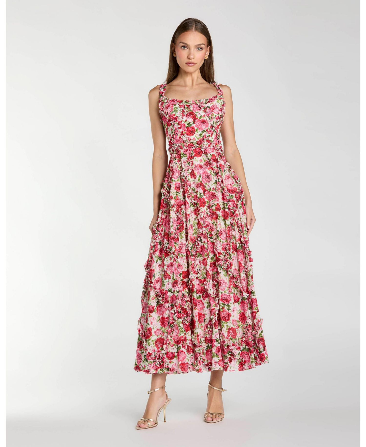 Women's Floral Cotton Ruffle Square Neck Ankle Dress