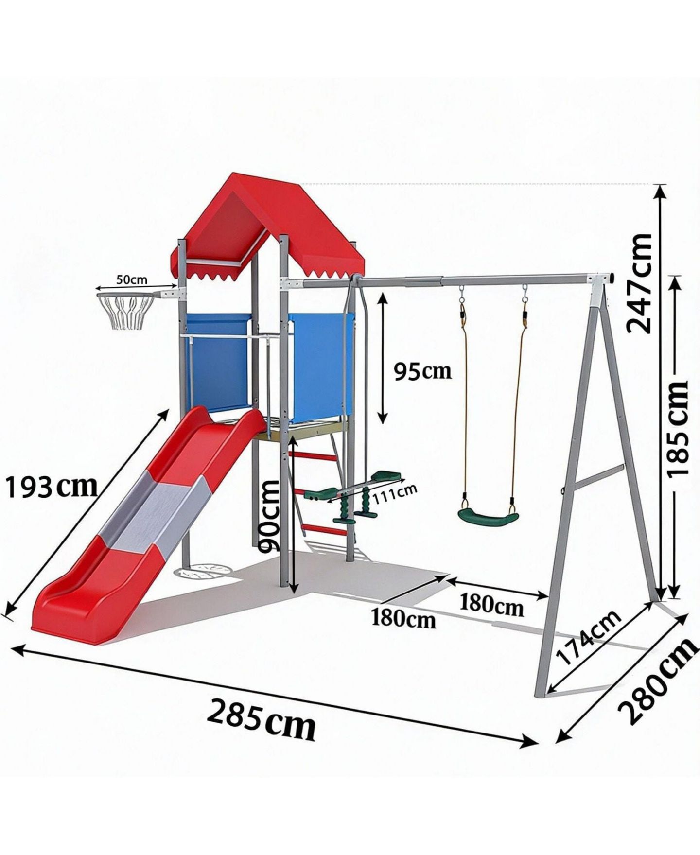 Детские игрушки homfan 112 x 110 x 97 in Kids Outdoor Treehouse with Swing and Slides, Backyard Metal Frame Play Set for Children — фото 2