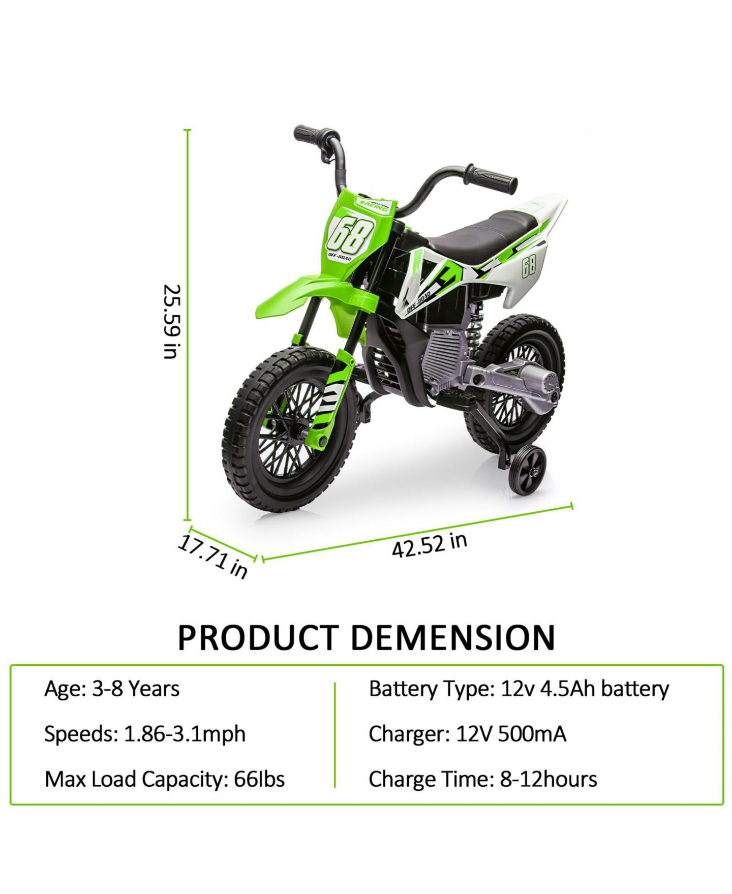 Детская игрушка homfan 12V Electric Dual Motor Dirt Bike with Training Wheels, 66 lbs Capacity, Ages 3-8, цвет: Зелёный — фото 2