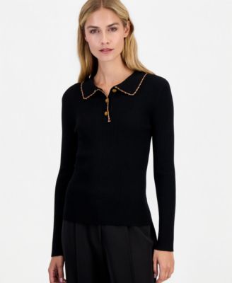 Women's Crochet-Tipping Long-Sleeve Polo