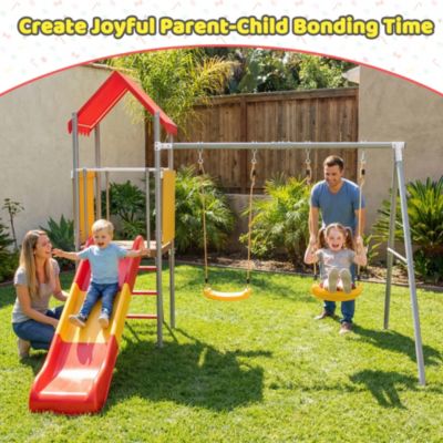 Metal and Plastic Treehouse Swing Set with Slide, Belt Swings, and Canopy - Safe, Sturdy, and Portable for Kids Ages 3-8