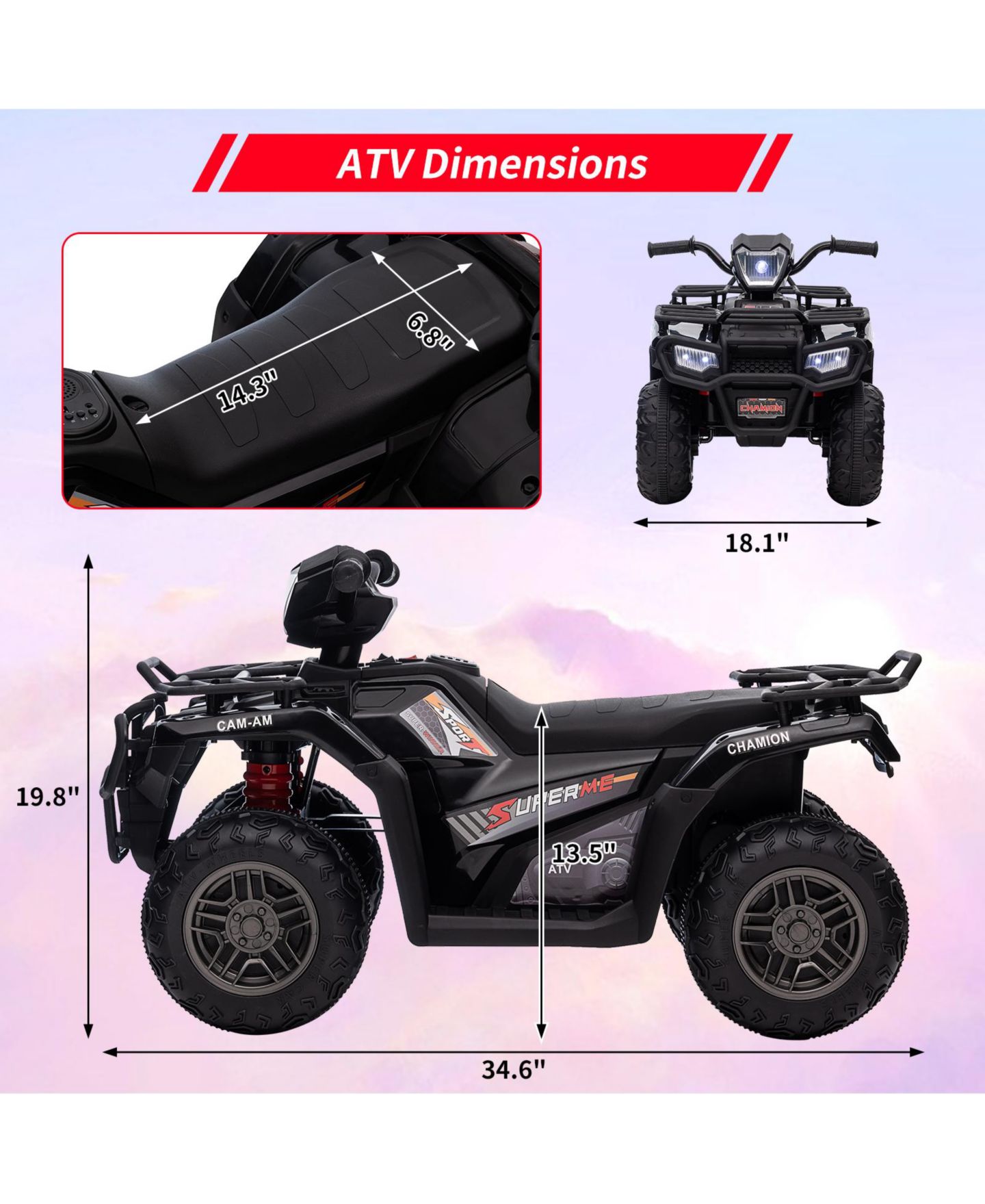 Детская игрушка homfan 12V Battery Powered 4-Wheel Ride-On ATV, 33.1" L x 20.9" W x 12.0" H, Ages 3-6, цвет: Чёрный — фото 2