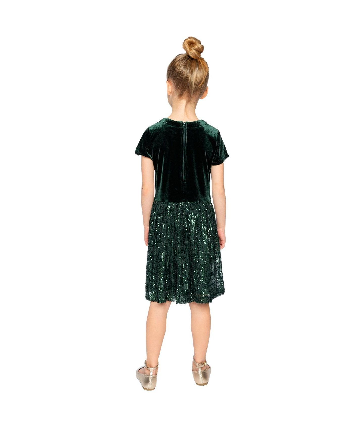 Платья Deux par Deux Bi-Material Short Sleeve Dress with Glittering Skirt для девочек-малышей, цвет: Зелёный тёмно-зелёный — фото 2