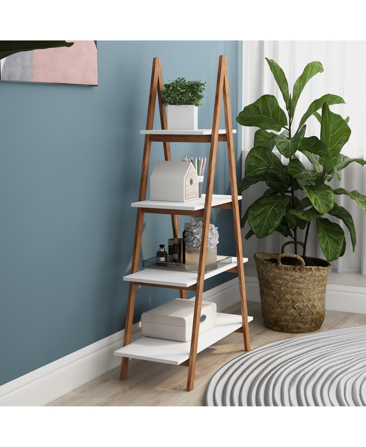 flynama A-frame Solid Bamboo Ladder Bookshelf 4 Tier Open Display Storage Rack for Home Office