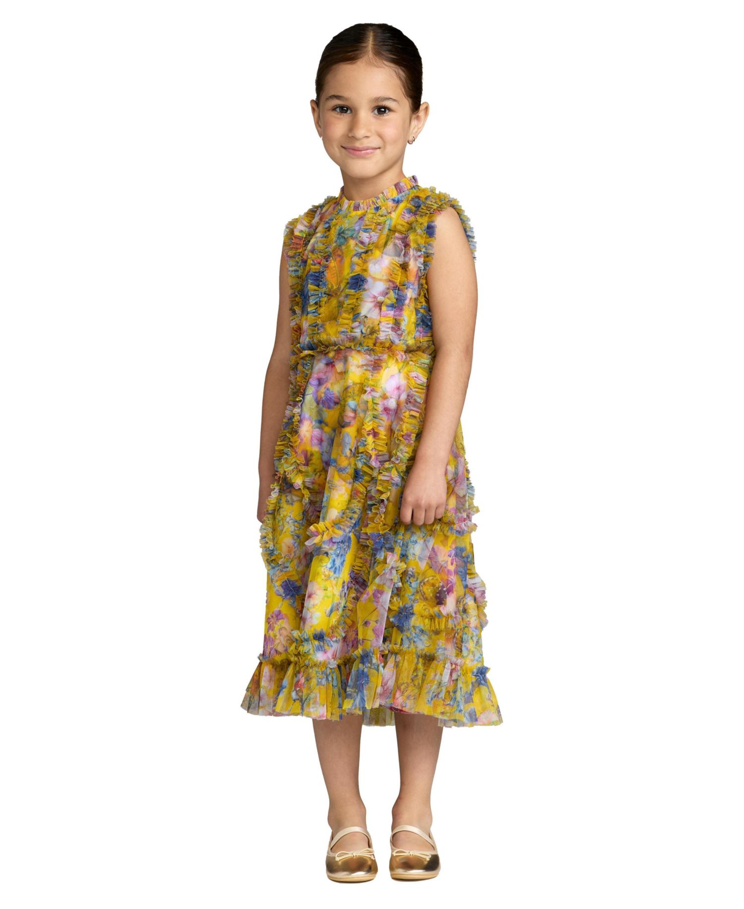 Big Girls 2-14 Sleeveless Mesh Ruffle High Neck Dress