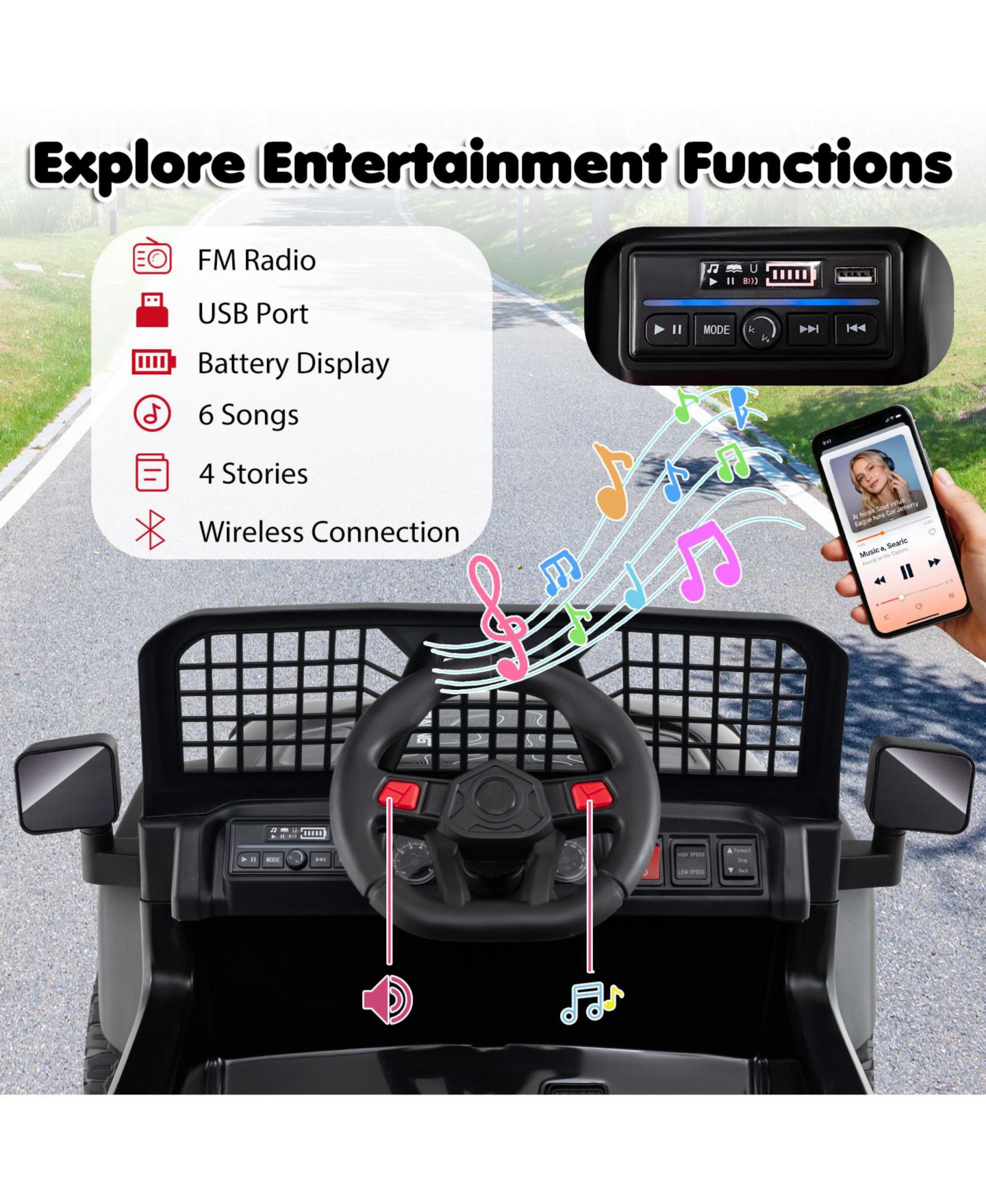 Детская игрушка Gymax 24V Parent Remote Control Ride On Car, 3-Speed, 66 lbs Capacity, Ages 3+, цвет: Чёрный — фото 6