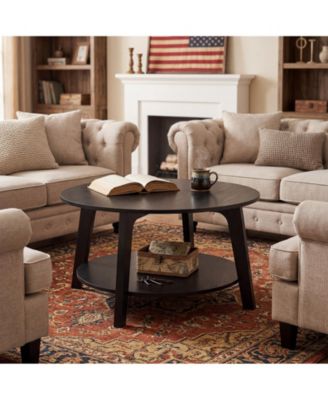 Round Coffee Table with Storage, 2-Tier Modern Circle Accent Table, 31.5" x 17.7" Wooden Coffee Table with Curved Legs