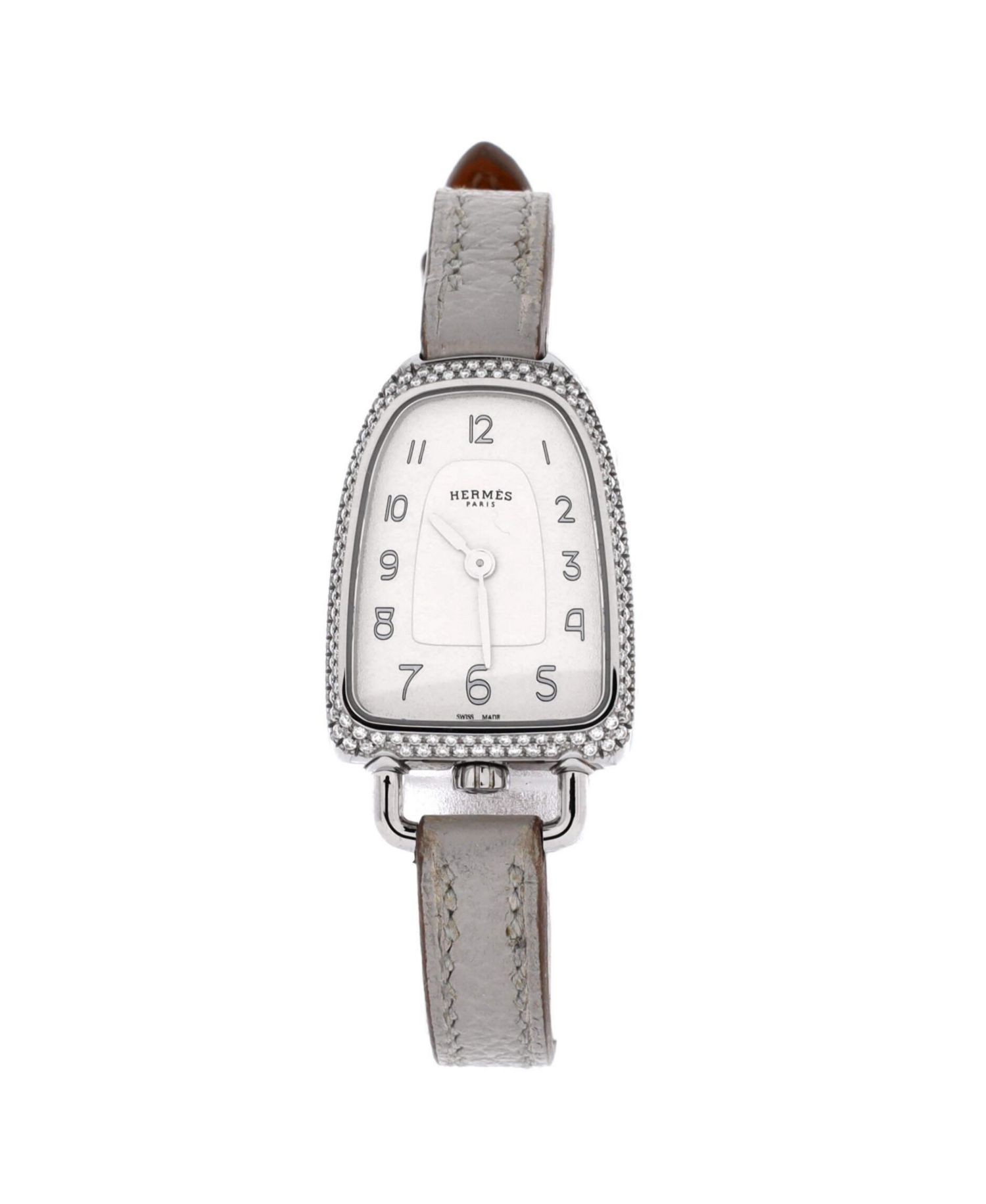 Galop d'Hermes Quartz Watch in Stainless Steel and Leather with Diamond Bezel 21mm