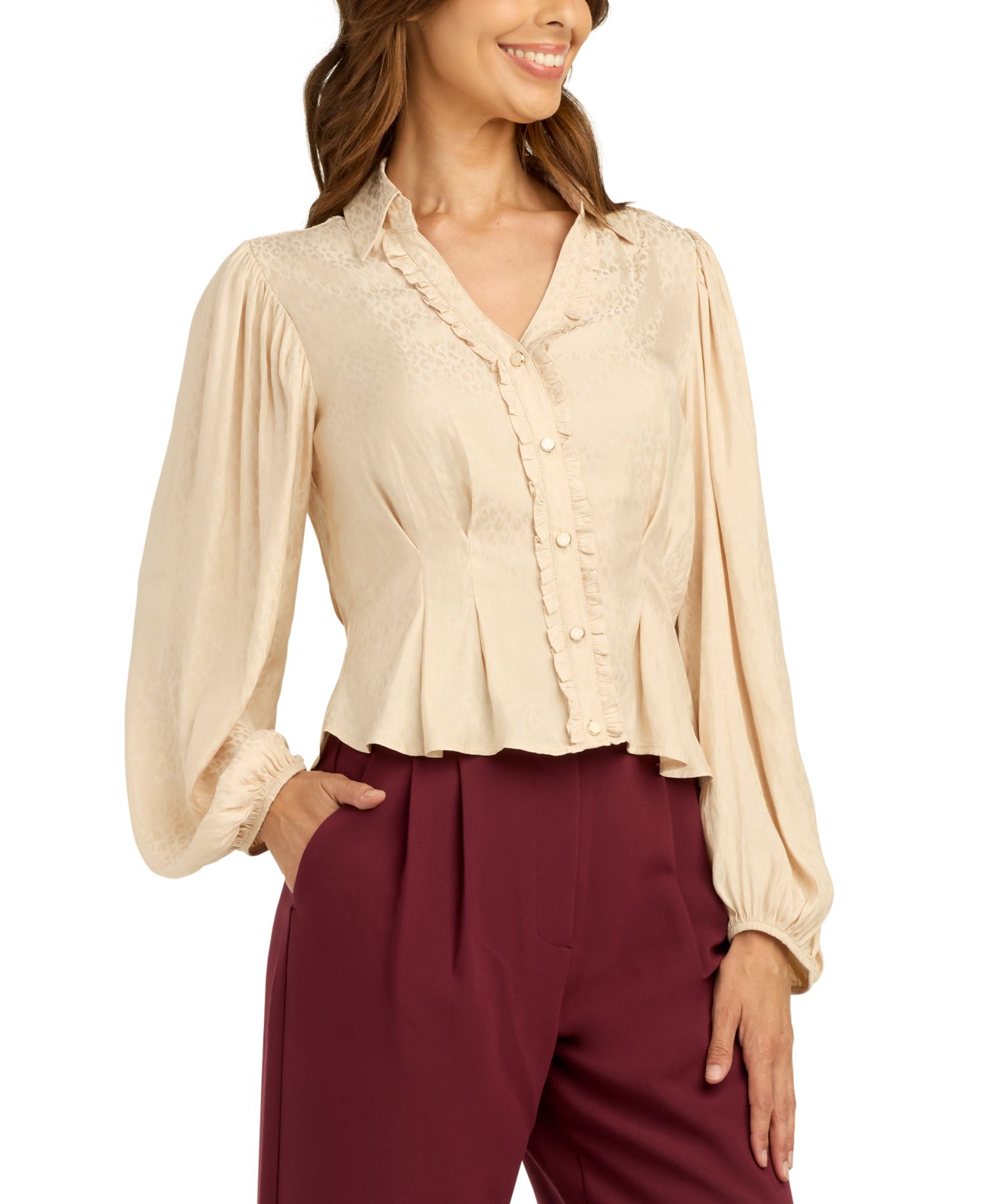 Juniors' Satin Jacquard Collared Button-Front Blouse