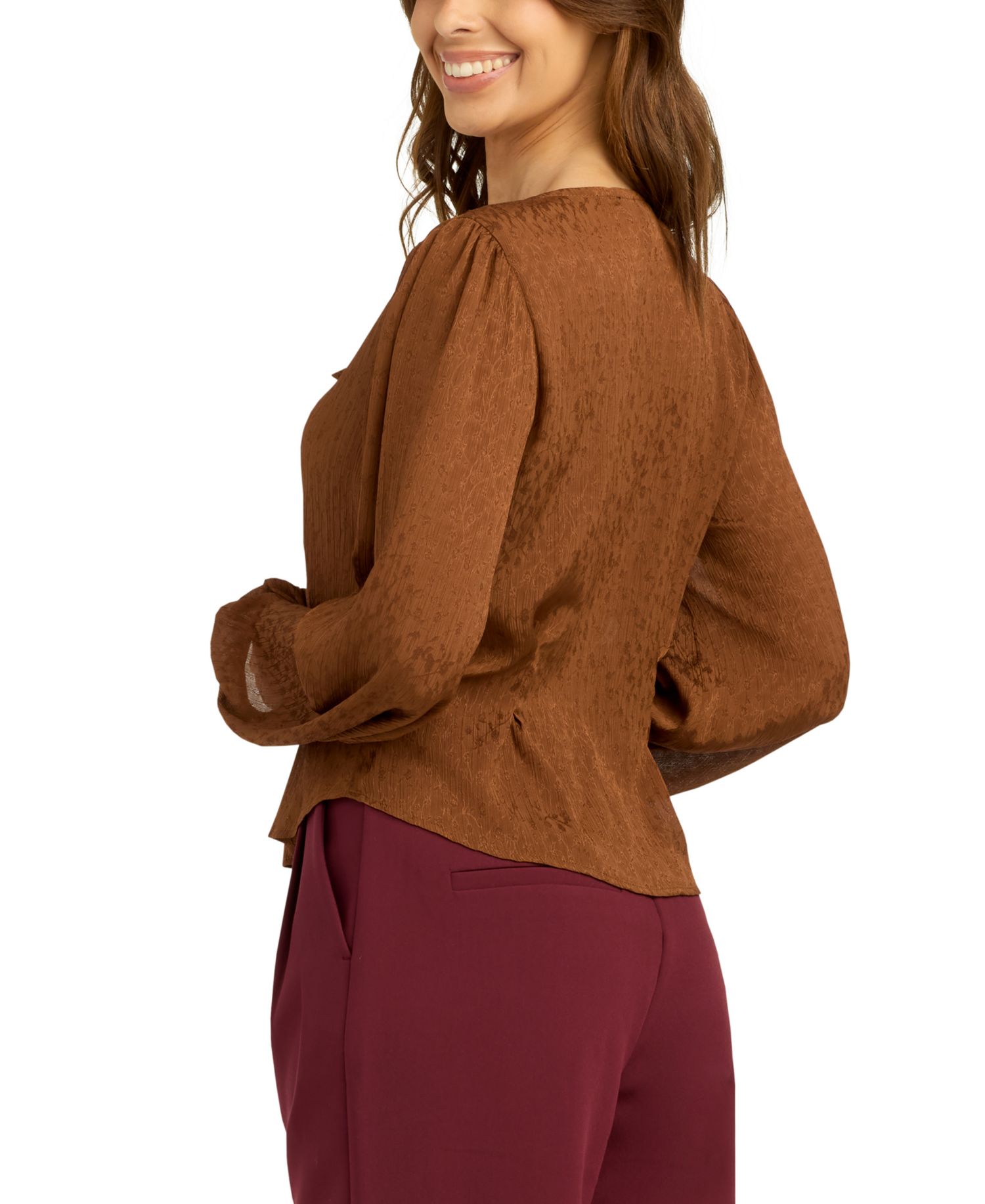 Juniors' Chiffon Jacquard V-Neck Button-Front Blouse