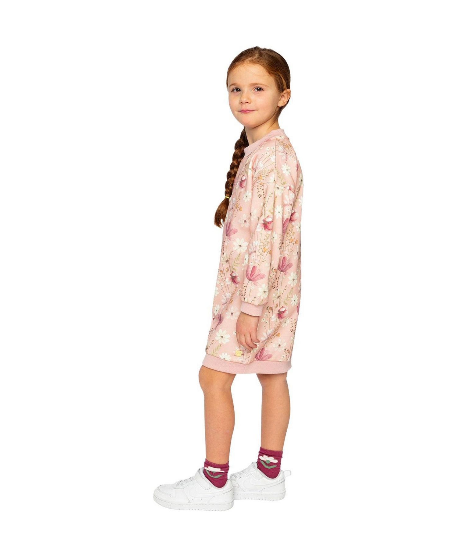 Little and Big Girl (6-12) French Terry Dress Pink Printed Flowers