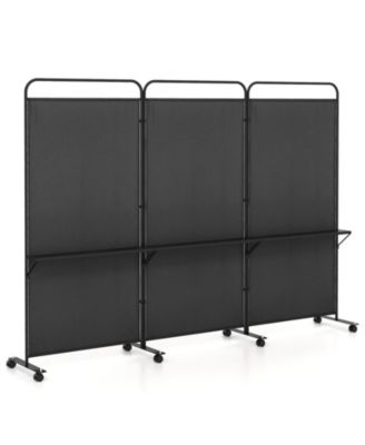 3 Panel Room Divider Screen with Storage Shelves and Rolling Wheels