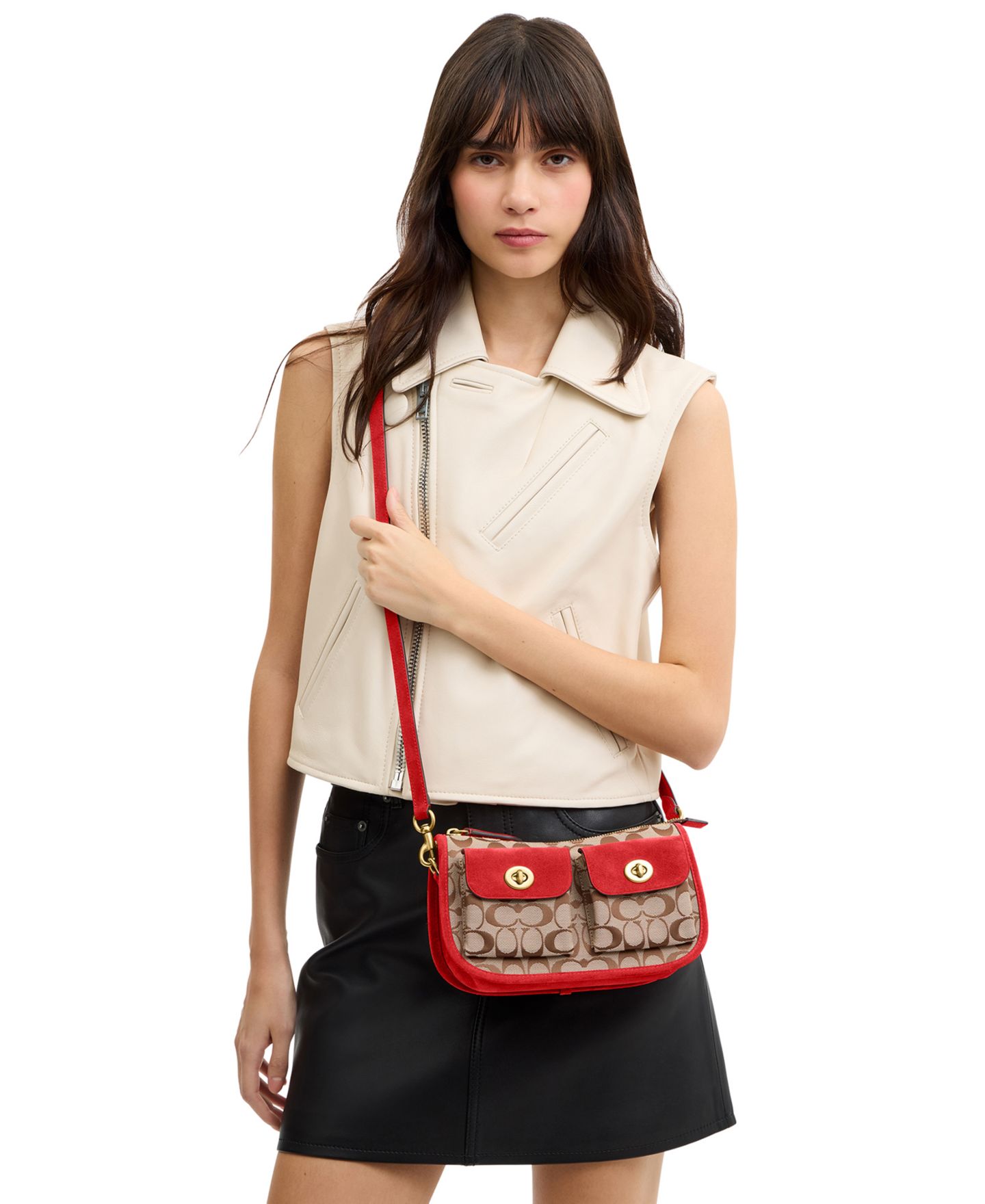 Женская сумка COACH Originals Waverly Small Signature Jacquard Twin Turn-Lock Shoulder, цвет: Латунный / Маковый — фото 11