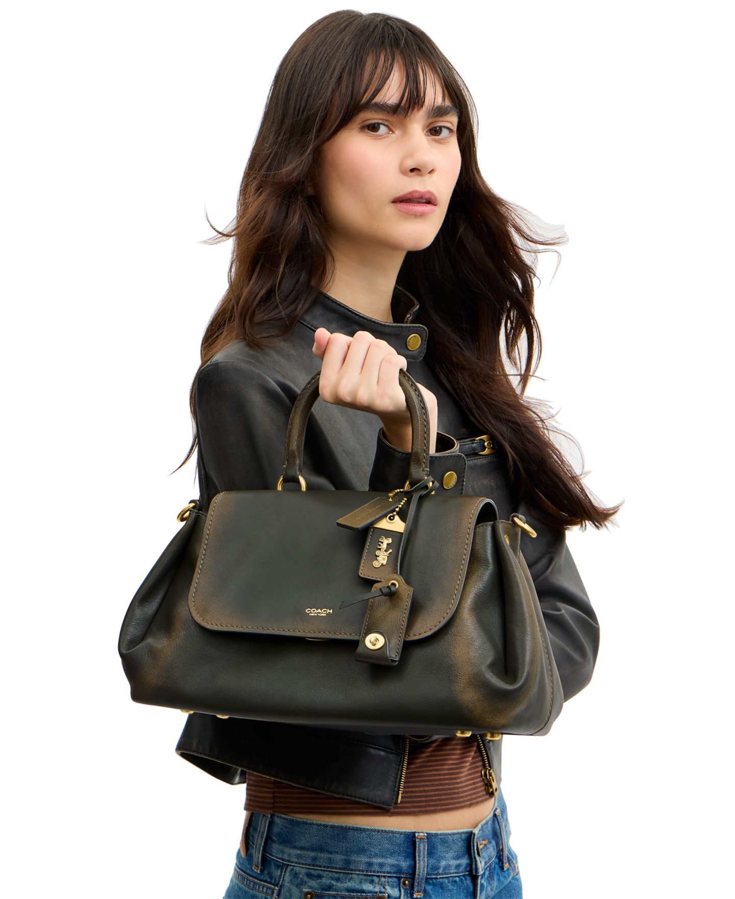 Женская сумка COACH Slouchy Rogue Medium Loved Leather Top Handle, цвет: Латунный / Тёмный зелёный — фото 2