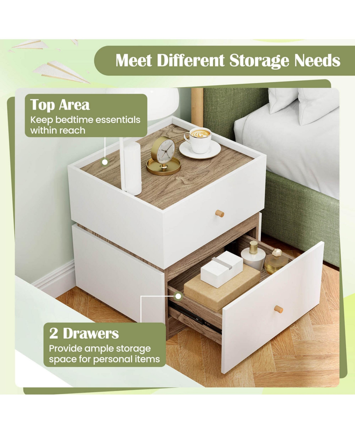 Costway 1 Pieces 2-Drawer Nightstand Modern Bedside Table with Storage Raised Edge for Living Room
