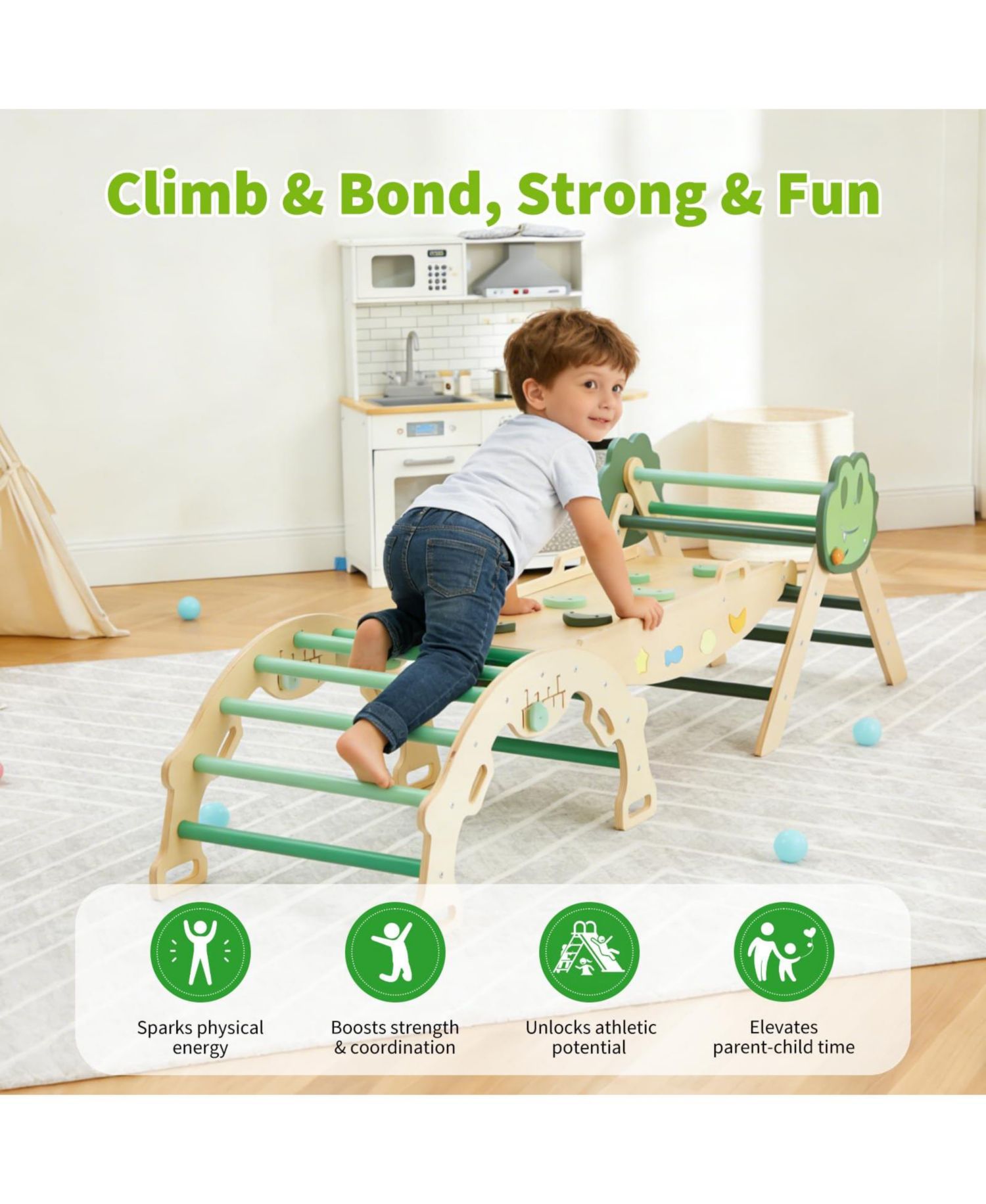 72.8 x 20.5 x 22.8 Inch Kids Climbing Frame Engineered Wood Toddler Indoor Play Gym Climbing Arch for Physical Fun, Wooden Frame