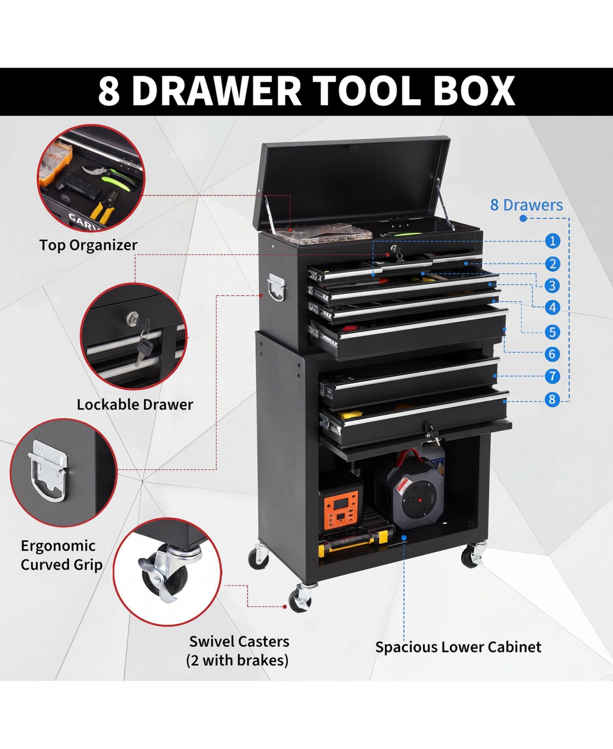 2-in-1 Tool Storage Cabinet: A lockable, -drawer metal tool cart on casters. Features a removable top toolbox, protective lining