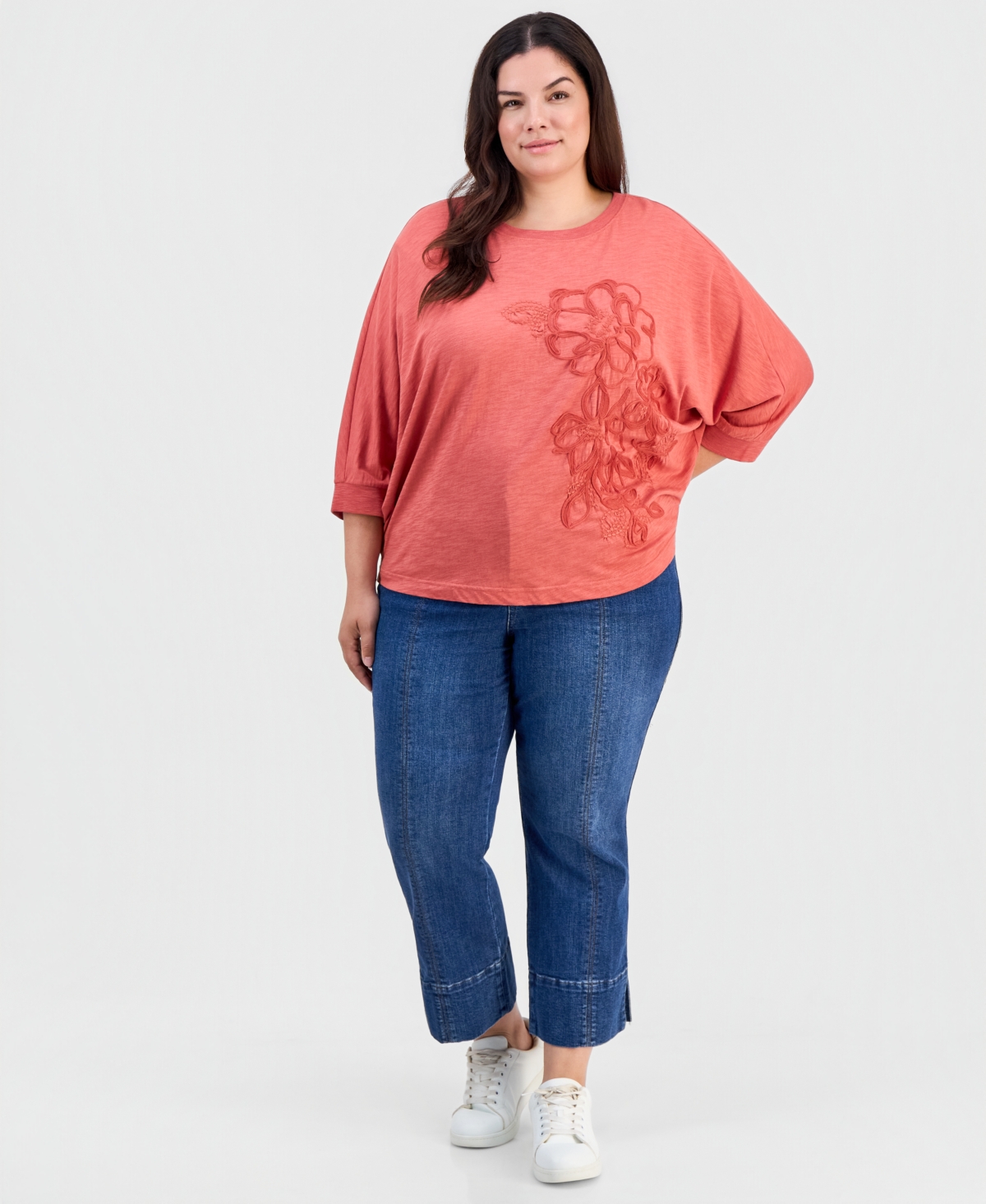 Democracy Plus Dolman-Sleeve Soutache Floral-Embroidered Top