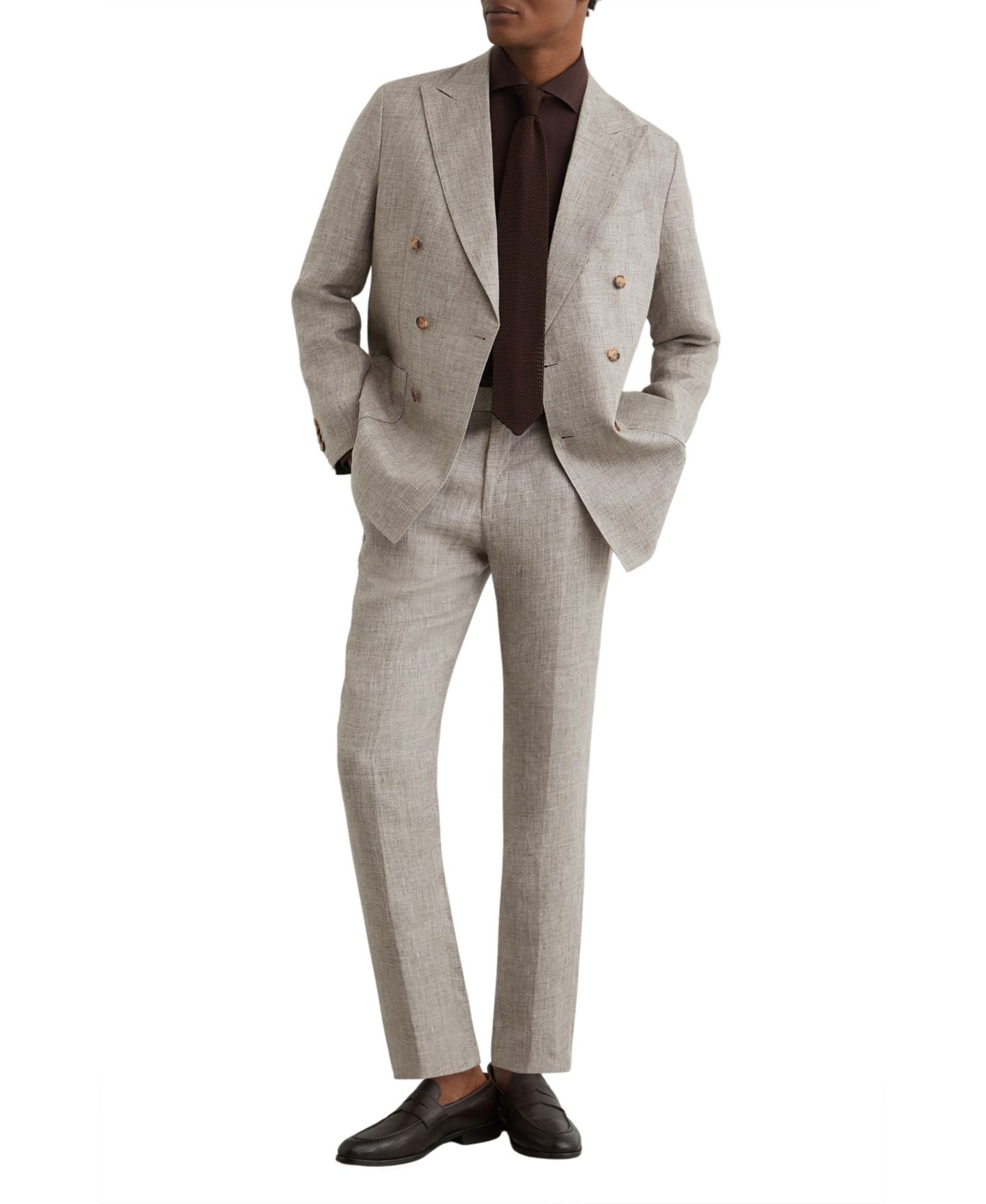 Мужской пиджак REISS Amore Linen Double-Breasted Tailored-Fit Suit Blazer, цвет: Серо-коричневый коричневый — фото 4