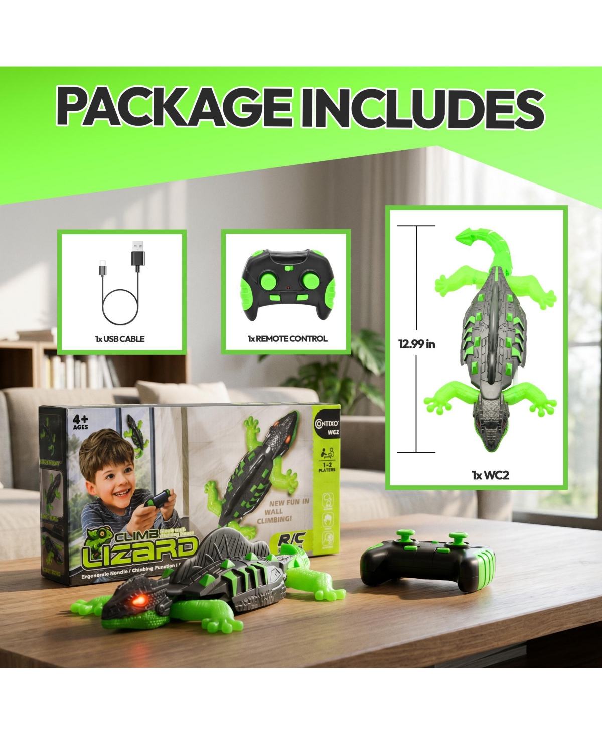 Contixo Wall Climbing Rc Gecko with Glow-in-the-Dark Design, Led Eyes and Remote Control, Crawls on Floors, Walls, Ceilings and Glass, for Ages 3+