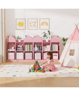 Set of 2 Kids Castle Cube Toy Storage Organizer  6 Cubby Open Bookshelf with Anti Tip Wall Device Perfect for Playrooms