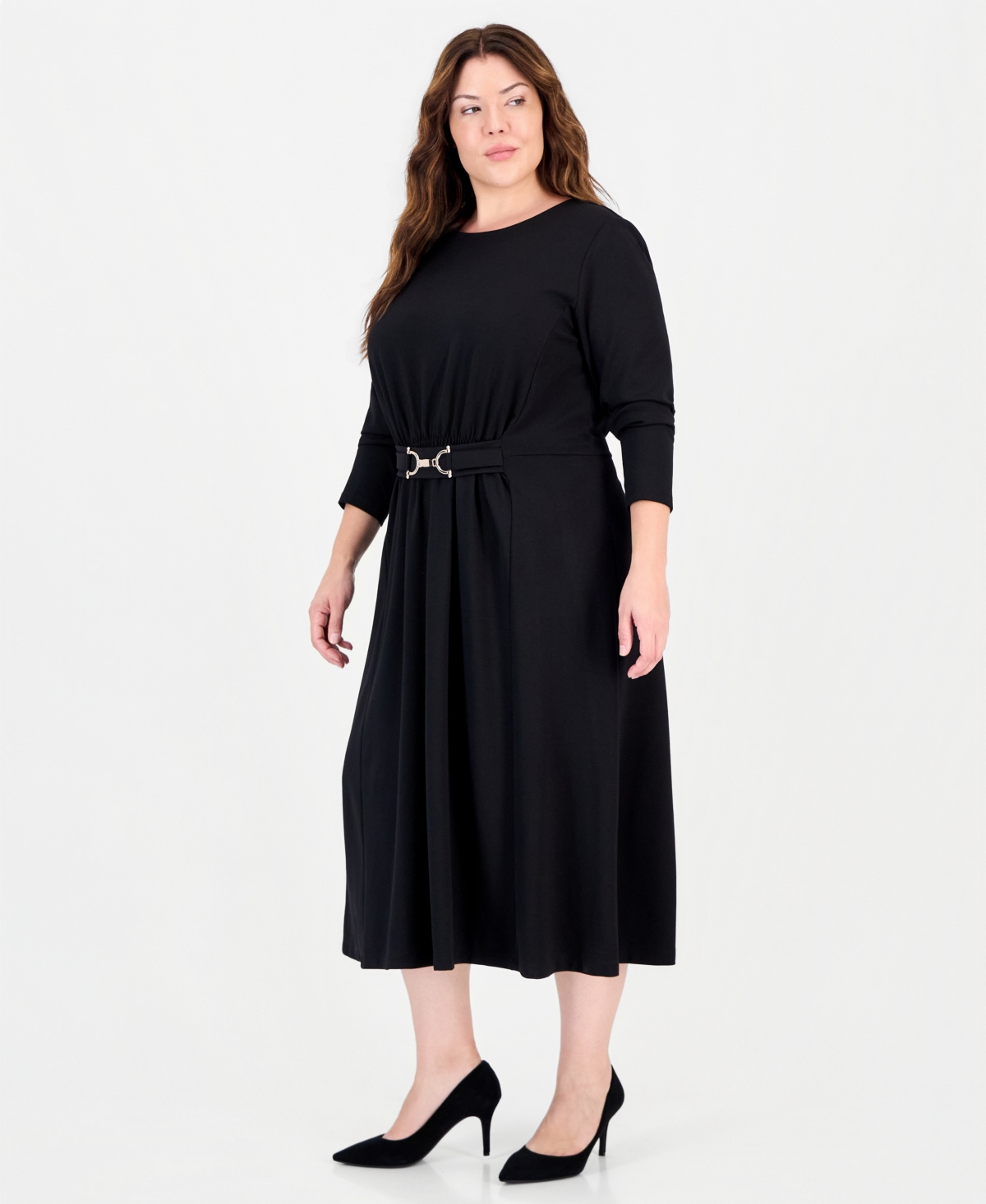 Anne Klein Plus Serenity Belted Scoop Neck A-Line Midi Dress