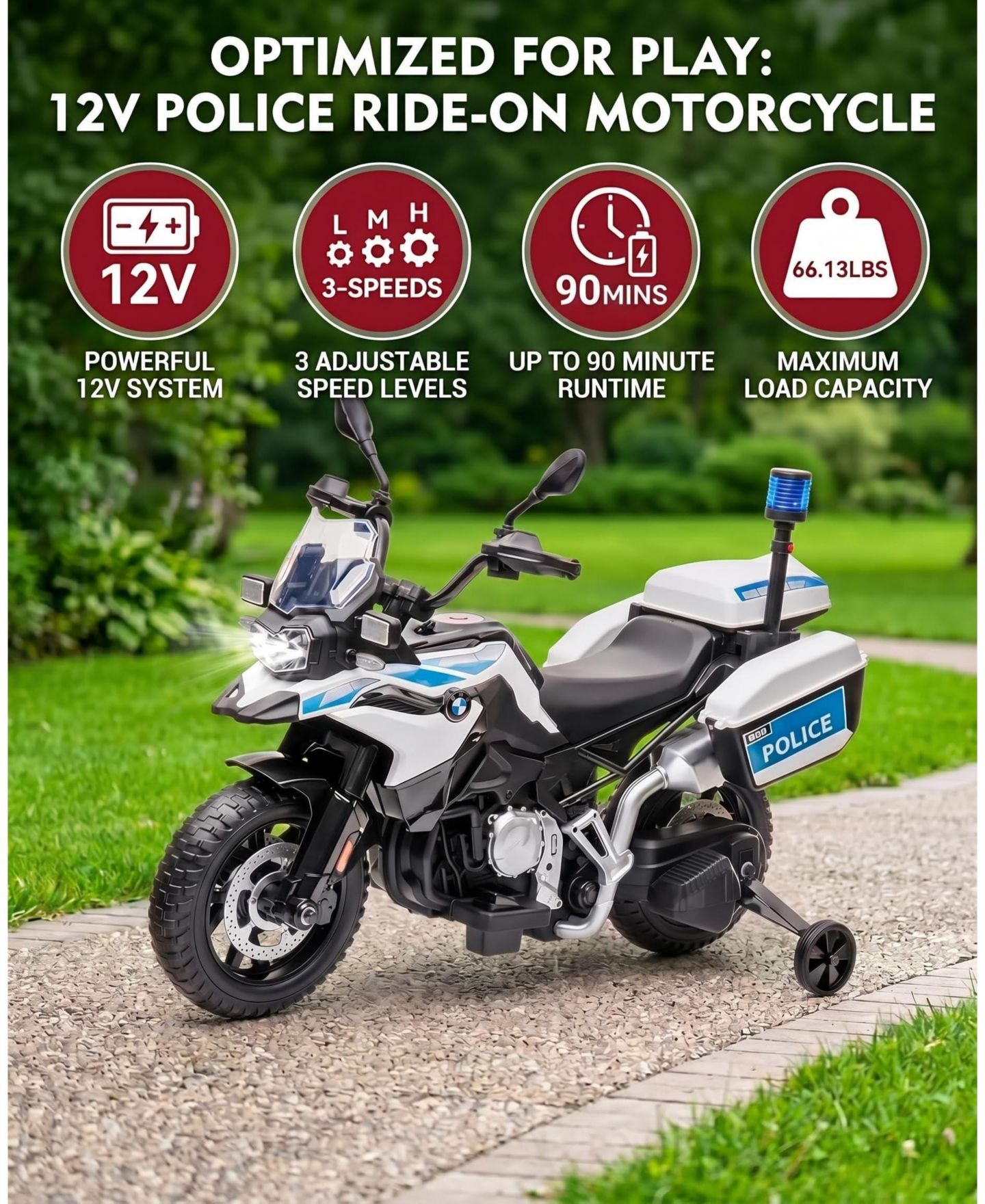 Детская игрушка homfan Licensed Police Motorcycle 12V Electric Ride-On with Training Wheels, 3–8 лет — фото 2