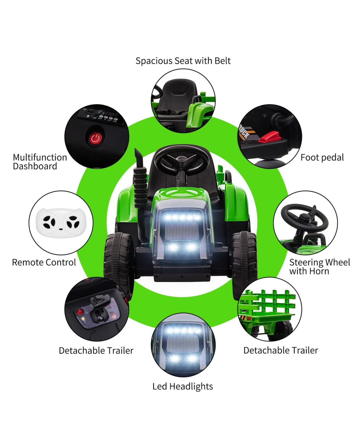 Детская игрушка homfan 12V Kids Electric Ride-On Tractor with Trailer - Remote Control - 7-LED Headlights - 2+1 Gear Shift - USB Music Player - Slow Start, цвет: Синий — фото 8