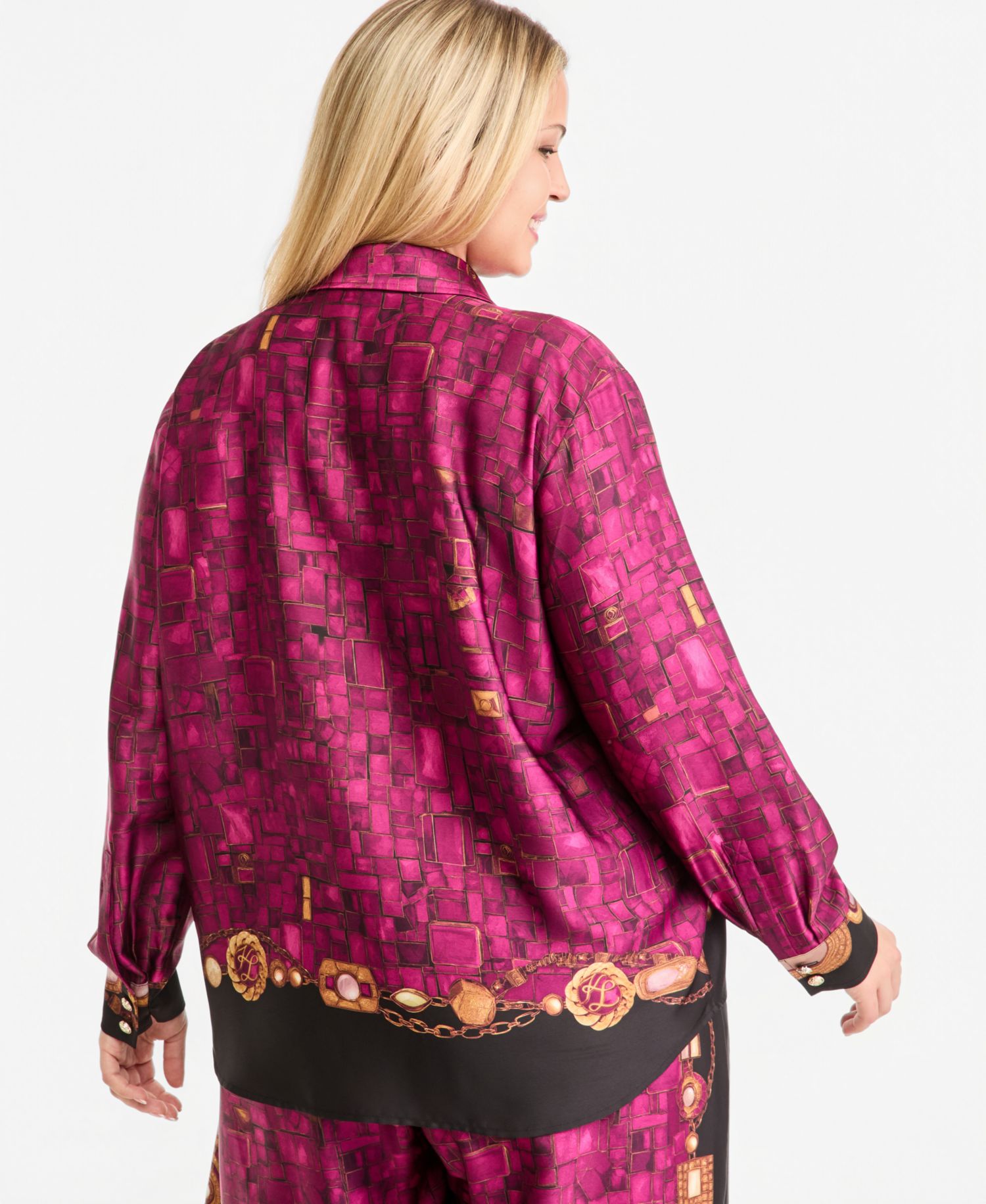 Plus Size Gemstone Woven Printed Long-Sleeve Blouse