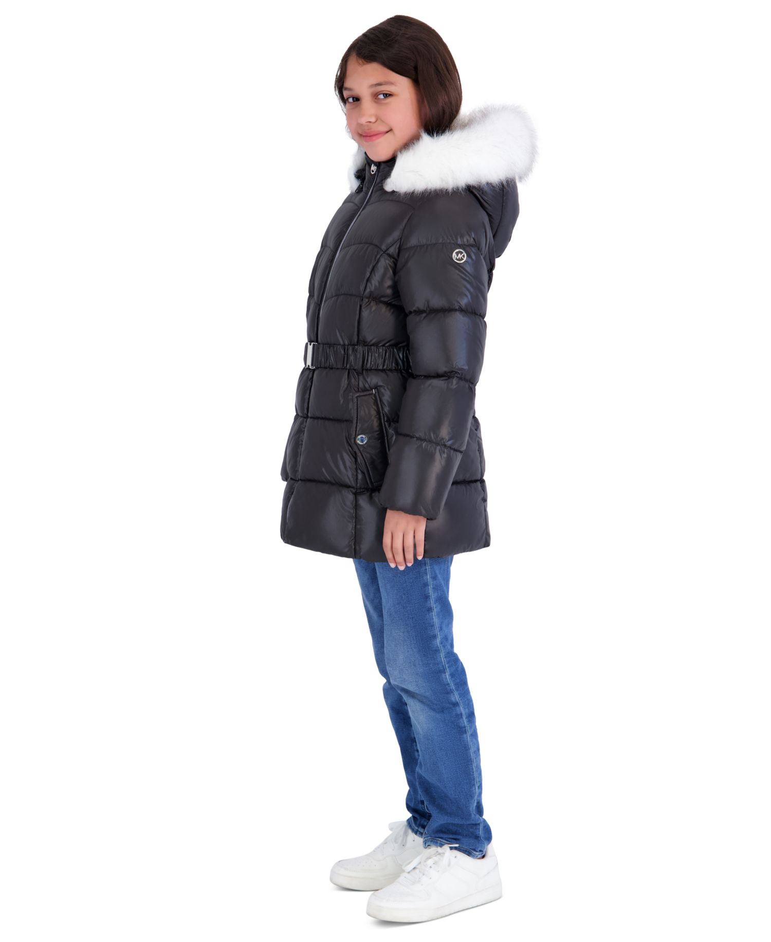 Girls' 5-16 Belted Stadium Length MK Logo Long-Sleeve Jacket
