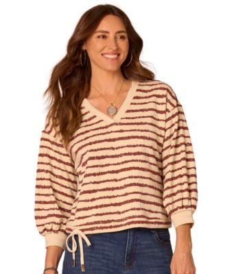Women's Jacquard V-Neck Blouson-Sleeve Top