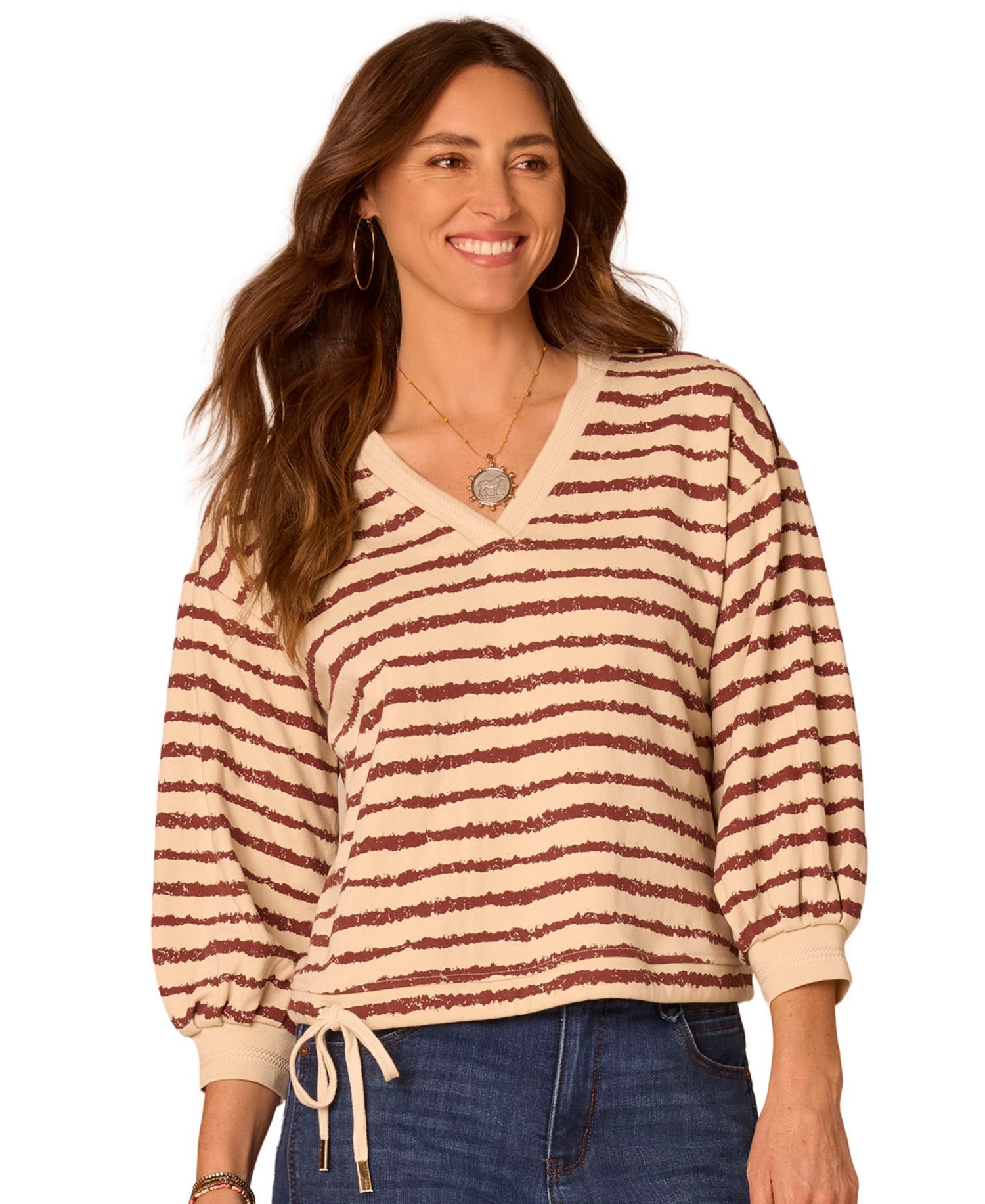 Women's Jacquard V-Neck Blouson-Sleeve Top