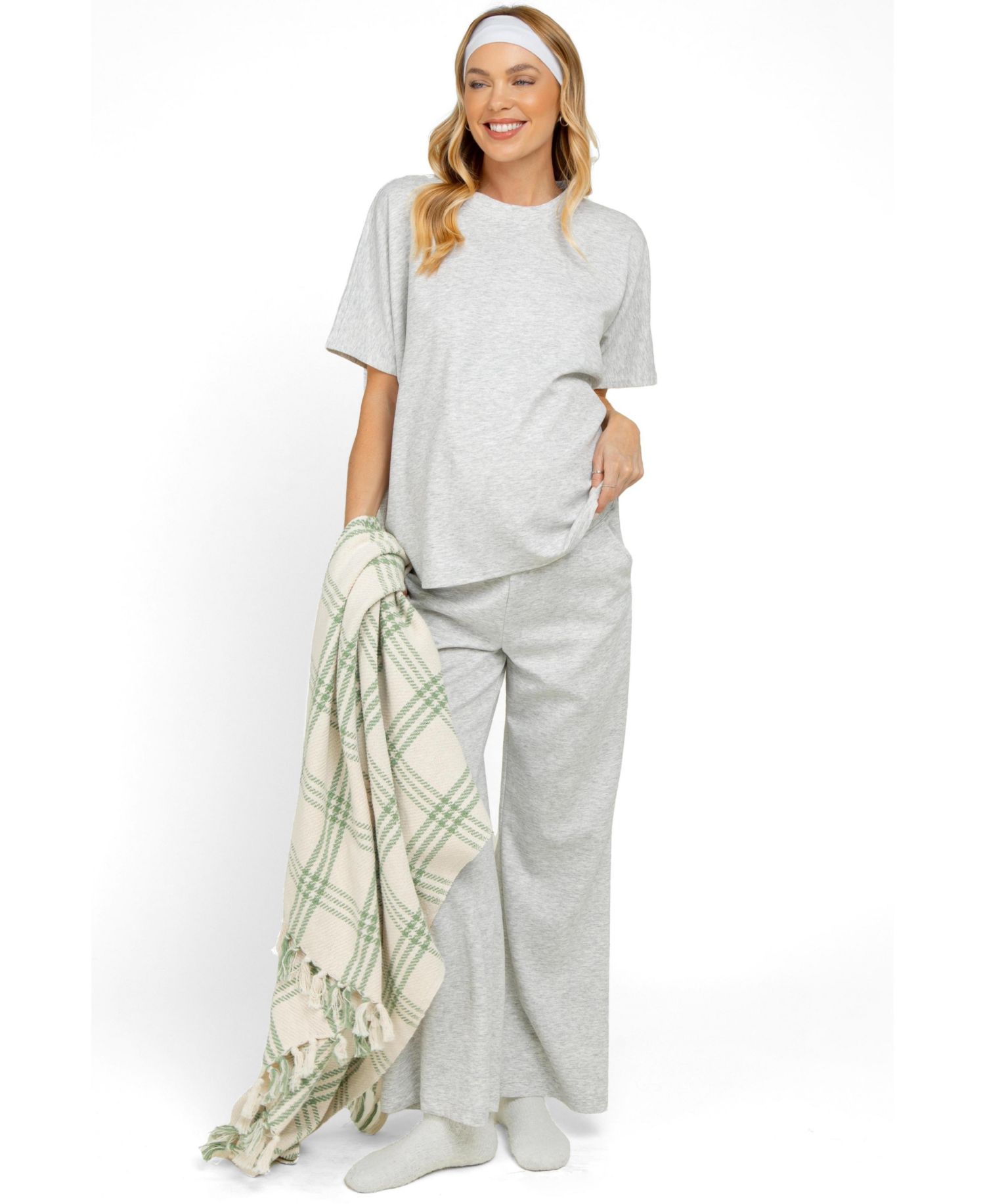 Women's Heather Grey Curved Hem Tee Pants Lounge Set