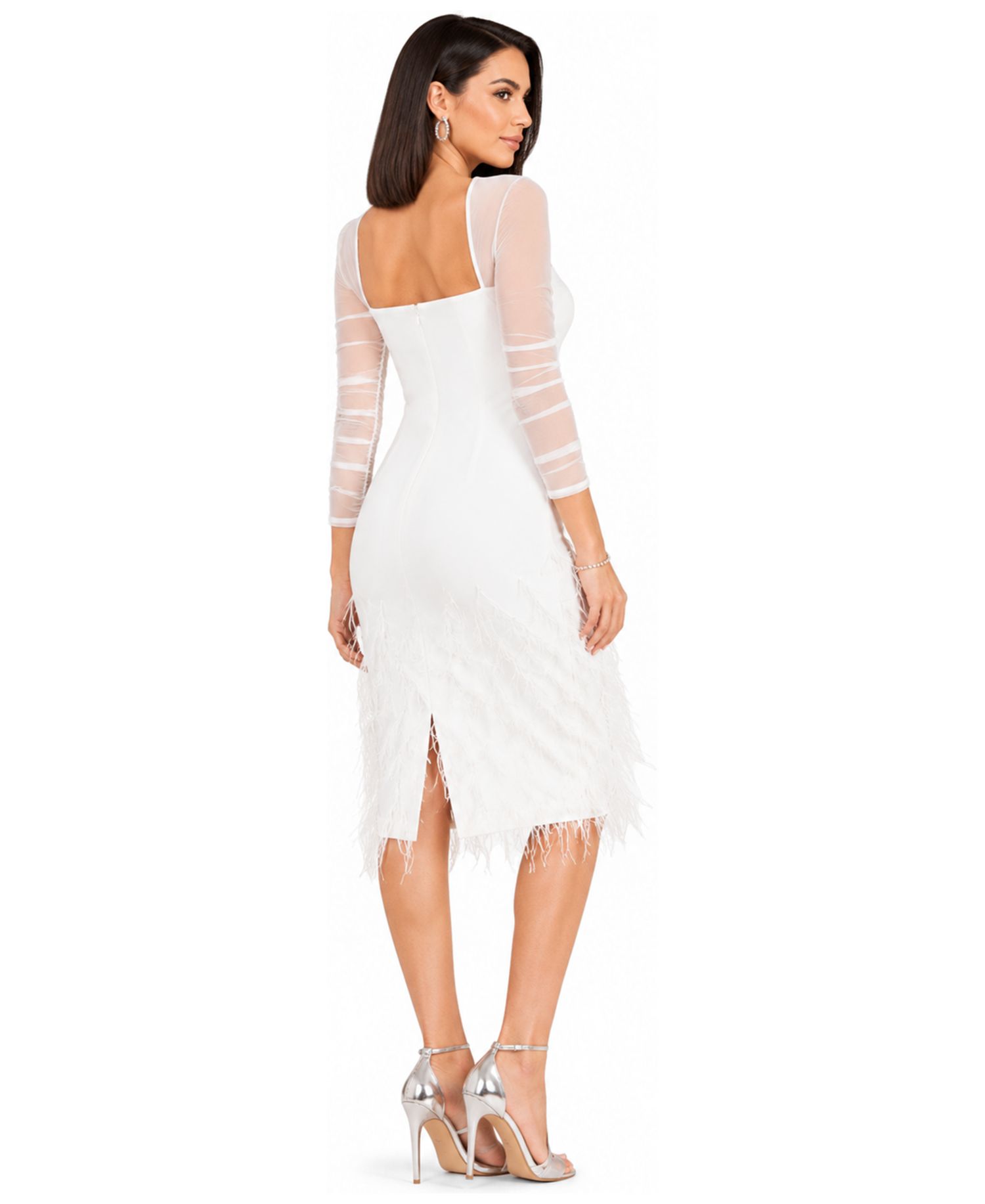 Women's Long Sleeve Bridal Midi Gown with Feathers