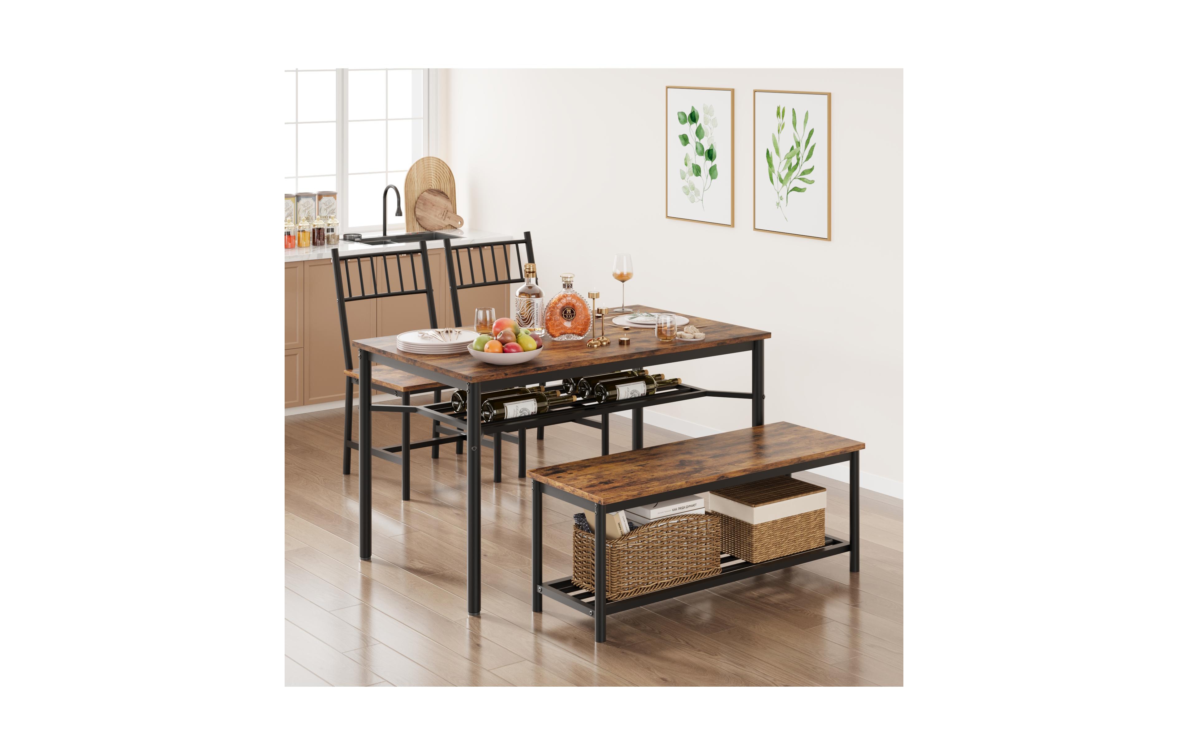 homfan 4-Piece Dining Set Space-Saving Rectangular Table with Chairs, Storage Bench & Wine Rack – Sturdy Metal Frame for Small Spaces
