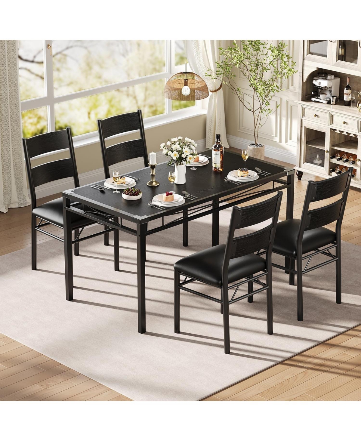 homfan Retro 5 Piece Dining Table Set Wood Table with Upholstered Chairs and Corner Protector for Kitchen or Apartment
