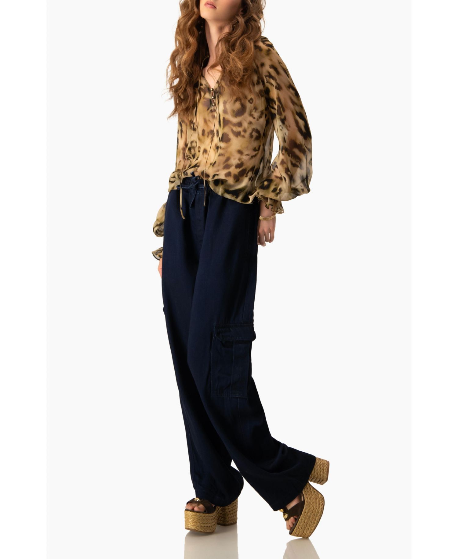 Women's Sheer Chiffon Tie-Neck Blouse in Abstract Animal Print