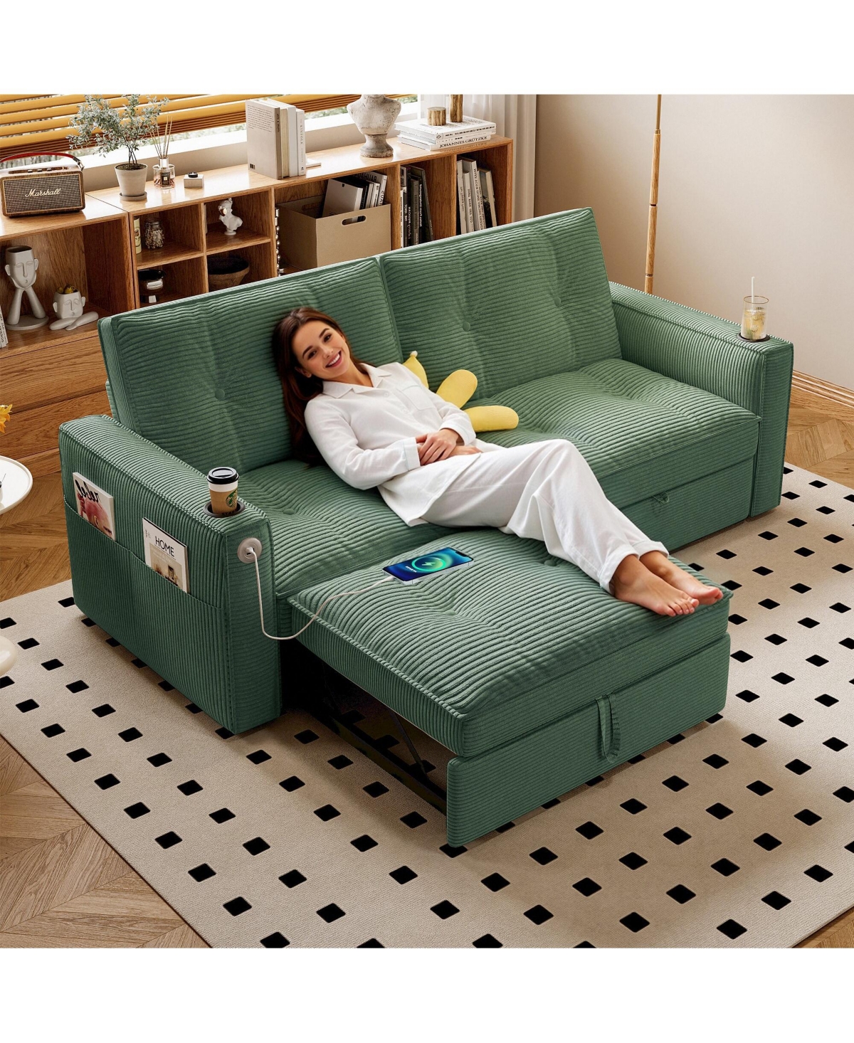 Lucky One 2-in-1 Convertible Sofa Bed with Corduroy Upholstery, Dual Armrest Cup Holders and Side Storage