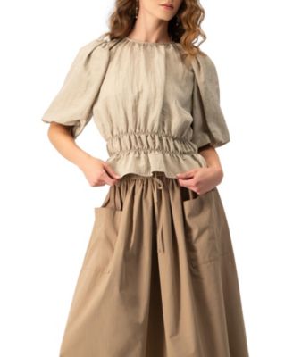 Women's Puff Sleeve Peplum, Cinched Waist Crinkle Blouse
