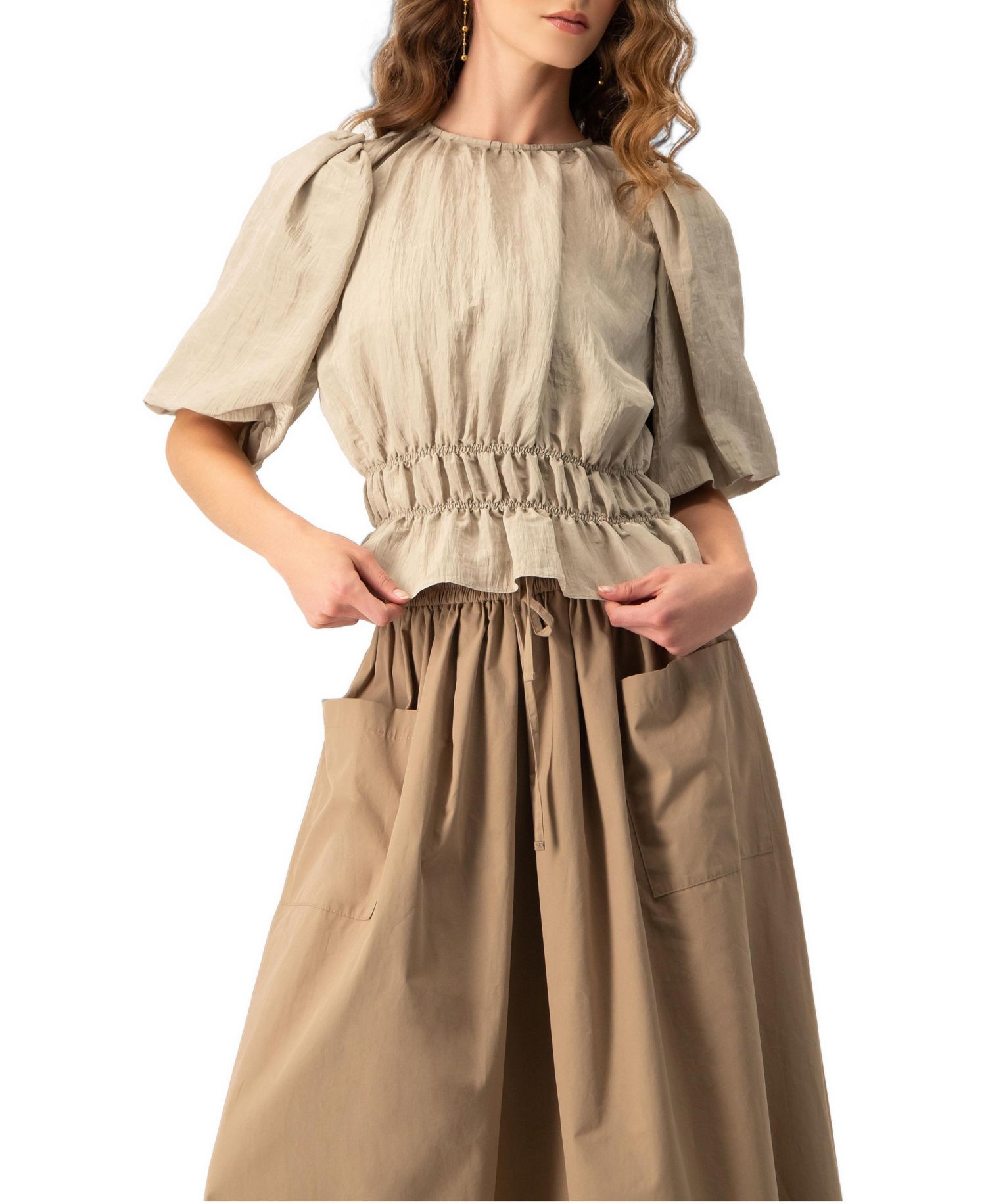 Women's Puff Sleeve Peplum, Cinched Waist Crinkle Blouse